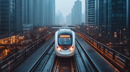 Aufkleber - A sleek high speed train glides along elevated tracks surrounded by towering skyscrapers. The atmosphere is misty, capturing the essence of advanced rail mobility in a bustling urban environment.