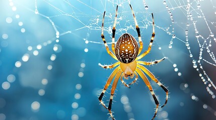   A macro photo of a spider on its web, dangling droplets of water
