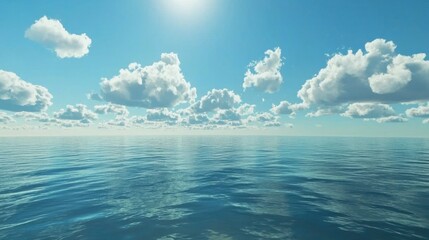 a serene seascape featuring a calm, blue ocean under a bright, clear sky dotted with fluffy white cl