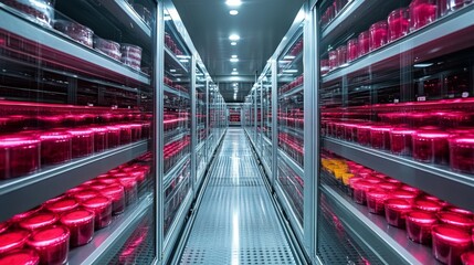 Poster - A state of the art cold storage facility features rows of shelves stocked with jars. The interior is well lit, showcasing a climate controlled environment for pharmaceuticals and perishable goods.