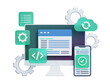 © Andy March - Desktop smartphone app development, cloud computing network concept. Coding, programming 3d render illustration isolated on transparent background