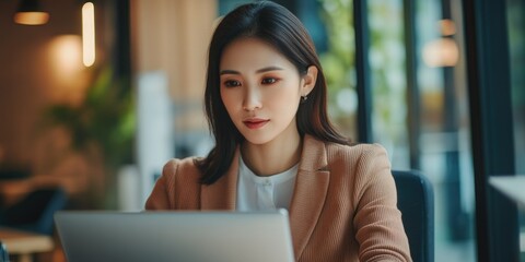 Asian businesswoman using laptop in office environment, indicating professionalism and dedication to work.