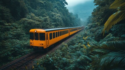 Aufkleber - A bright yellow train is making its way through lush green rainforest. The surrounding vegetation showcases the beauty of nature while providing crucial transportation options for urban commuters.