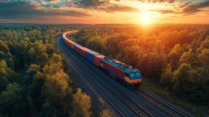 Aufkleber - Cargo train travels along tracks through a green landscape during sunset, showcasing the importance of freight transport in logistics and distribution.