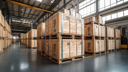 Fototapete - Rows of wooden crates are neatly arranged in a spacious warehouse designed for logistics and distribution. The area is well lit, promoting efficient inventory handling.