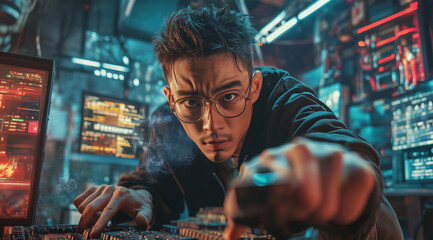 Aufkleber - A cybersecurity expert works intensely on a computer, managing firewall settings and analyzing data. The dimly lit environment, with multiple screens, highlights the urgency of preventing breaches.