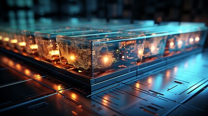 Futuristic Data Center:  Illuminated Glass Servers in a High-Tech Environment