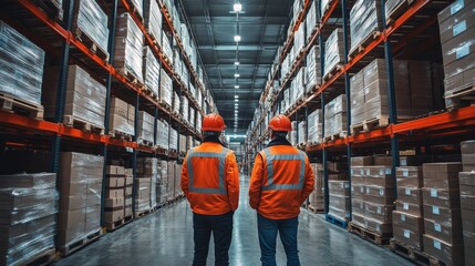 Poster - Two workers in safety gear stand attentively, surveying a large, well organized warehouse filled with stacked boxes and shelves, reflecting efficient logistics and storage processes.