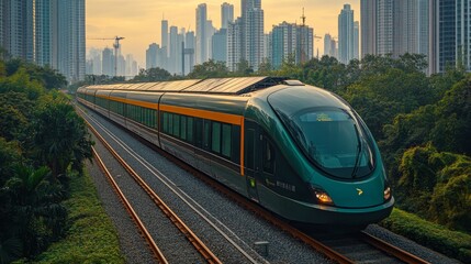 Aufkleber - A high speed train travels smoothly along railway tracks surrounded by vibrant greenery and towering city buildings as the sun sets, casting a warm glow on the scene.
