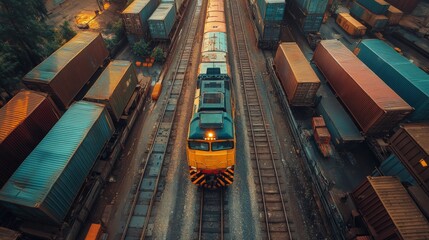 Aufkleber - A freight train passes a logistics center, surrounded by colorful stacked cargo containers, showcasing the vibrant infrastructure of modern transportation and supply chain operations.