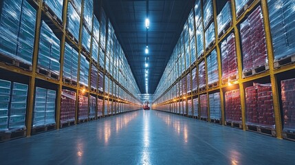 Leinwandbilder - Wide aisles filled with stacked pallets in a modern warehouse showcasing efficient logistics and inventory management under bright overhead lights.