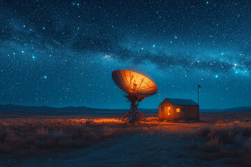 Wall Mural - a satellite dish array under a starry sky in a remote desert. concept of space communication and iso