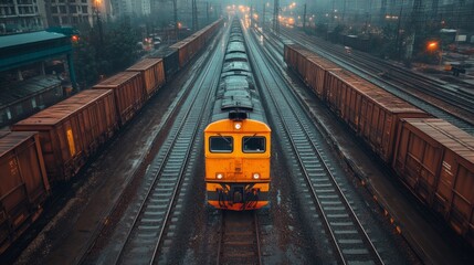Aufkleber - A freight train navigates tracks at a logistics terminal during dawn, surrounded by cargo containers and rail infrastructure, showcasing modern transportation capabilities.