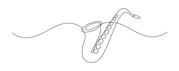 Fototapete - Saxophone in one continuous line drawing. Wind musical instrument for orchestra and jazz concert banner in simple linear style. Editable stroke. Doodle outline vector illustration