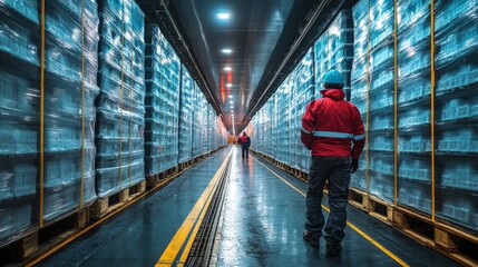 Poster - Workers navigate through a cold storage warehouse filled with pallets of perishable items, ensuring proper inventory control and temperature maintenance.