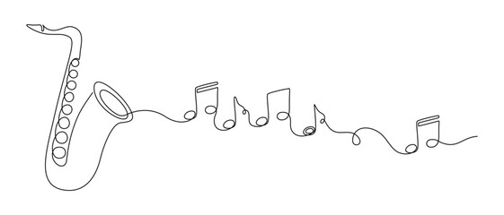 Fototapete - Saxophone with notes in one continuous line drawing. Wind musical instrument for orchestra and jazz concert banner in simple linear style. Editable stroke. Doodle outline vector illustration