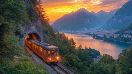 Poster - A commuter train emerges from a tunnel, framed by lush trees and a serene lake. The breathtaking sunset casts warm colors over the mountainous backdrop, creating a picturesque urban transit view.