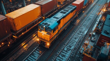 Aufkleber - A freight train moves through a cargo terminal lined with colorful shipping containers as dusk settles, highlighting automation and efficiency in the logistics sector.