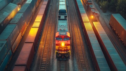 Poster - A freight train navigates an intermodal yard filled with colorful cargo containers as twilight sets in, illuminating the area with warm light. The logistics hub is alive with activity.