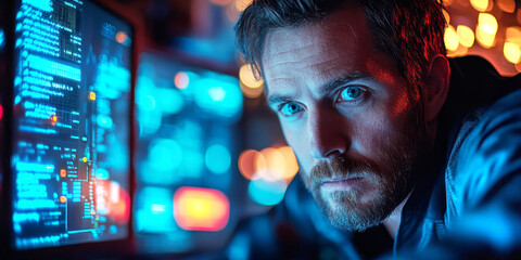Fototapete - A cybersecurity expert examines data and monitors potential risks on multiple screens while working in a dimly lit room filled with illuminated technology.