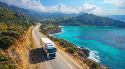 Poster - A logistics truck moves swiftly along a winding coastal road, surrounded by lush hills and the sparkling ocean. The sun shines brightly, enhancing the beautiful scenery.