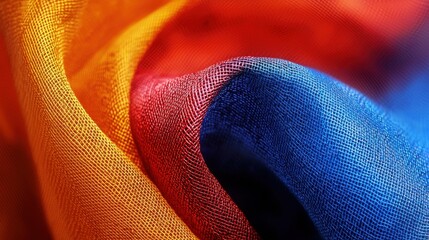 Vibrant folded fabric exhibits a mesmerizing blend of blue, red, and yellow hues with intricate texture.