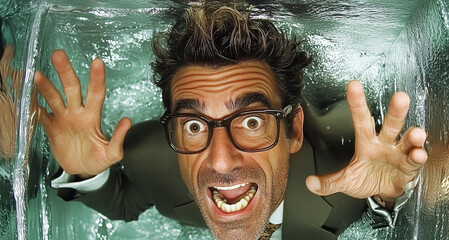 Fototapete - A cybersecurity expert, wearing glasses and a suit, appears trapped in a transparent box, symbolizing vulnerability.