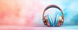 © andrew - Pastel background highend gaming headphones with an attached microphone vibrant LED lighting detailed design