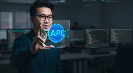 Developer showcasing API interface futuristic tech dark office setting glowing blue API icon digital