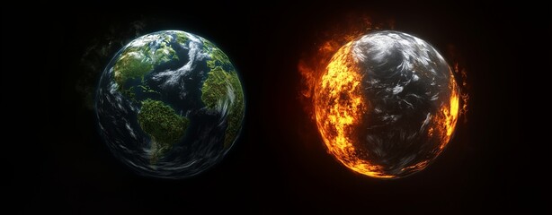 a glowing 3d earth sphere, engulfed in fiery animation, rotates against a black space backdrop, reve