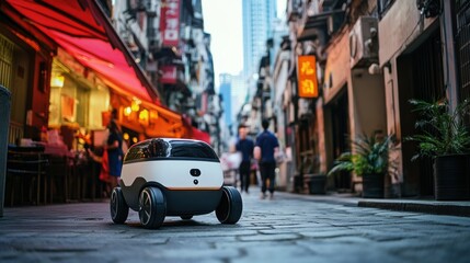 Naklejka na meble Robotics engineer developing autonomous robots for food delivery in urban areas, city with delivery robots and restaurants, Urban Robotics style