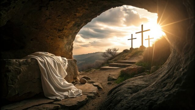 crucifixion and resurrection. empty tomb of jesus with crosses in the background. easter or resurrec