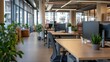 © THESUN - a modern open office space with desks, plants, and large windows.