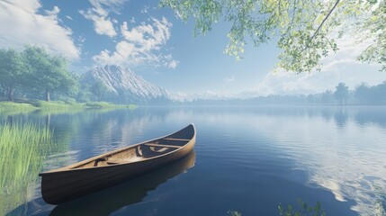 Naklejka na meble Calm lake with a boat: A serene view of a calm lake with a boat, perfect for relaxation and enjoying nature's beauty.