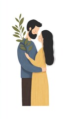 Fototapete - A couple embraces lovingly, surrounded by a serene vibe, with one partner holding green leaves, symbolizing nature and affection.