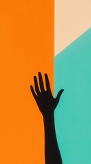 Fototapete - A silhouetted hand reaches out against a vibrant, abstract background of orange and teal colors.