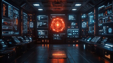 Interior of a futuristic control room with complex information displays