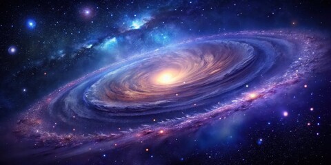 Wall Mural - A mesmerizing cosmic swirl, vibrant hues of purple and gold illuminate the celestial dance of a spiral galaxy amidst a sea of sparkling stars.