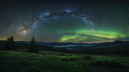 Wall Mural - Stunning Northern Lights and Milky Way Galaxy Over a Serene Forest Landscape at Night