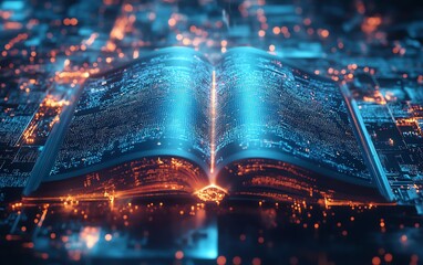 Aufkleber - Futuristic digital book, glowing holographic pages, hightech reading device with data flow, advanced technology concept, ultraHD, highly detailed