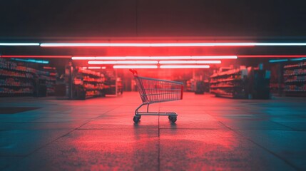 Aufkleber - Cybernetic Retail Revolution Futuristic Shopping Cart in Neon-Drenched Hypermarket Visualization - Next-Gen Consumer Experience and Digital Transformation Narrative
