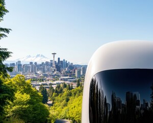 Aufkleber - Futuristic Urban Mobility Meets Green Innovation Sleek Electric Vehicle Reflects Seattles Sustainable Cityscape with Mount Rainier Backdrop - Next-Gen Transportation Design