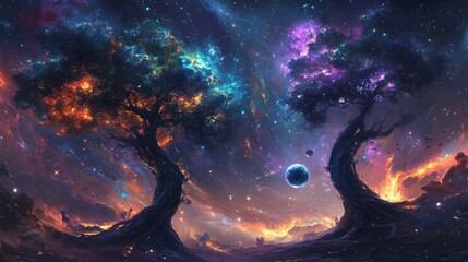 Wall Mural - Nebula Trees: A cosmic forest of nebulae resembling trees, their tendrils expanding through the space around them