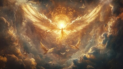 Wall Mural - Angelic Beings in a Celestial Arena: 8K scene of angelic beings in a cosmic arena, performing acrobatic feats of light and energy, surrounded by ethereal clouds. 