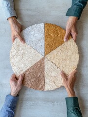 Leinwandbilder - Collaborative Finance Visualization Interactive Pie Chart Segmentation with Minimalist Hands Demonstrating Strategic Wealth Distribution and Investment Equity