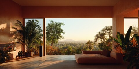 Leinwandbilder - Biophilic Living Sanctuary Warm Minimalist Interior with Panoramic Nature Vista - Sustainable Design Meets Tranquil Wellness Architecture for Mindful Urban Escape