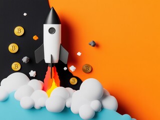 Fototapete - Crypto Rocket Launch Minimalist Visualization of Bitcoin Investment Acceleration with Vibrant Digital Branding for Next-Gen Financial Innovators