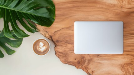 Poster - Minimalist Digital Nomad Aesthetic Biophilic Workspace Design with Artisan Coffee and Sleek Laptop on Rustic Wood - Wellness-Driven Remote Work Inspiration