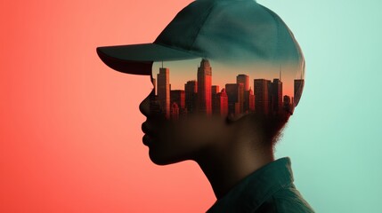 Aufkleber - Urban Identity Fusion Double Exposure Streetwear Concept Visualizing Gen Z Creativity and Metropolitan Consciousness in Surreal Digital Design