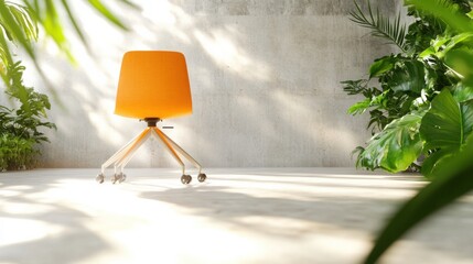 Poster - Biophilic Office Design Vibrant Orange Ergonomic Chair in Minimalist Urban Workspace with Natural Greenery - Innovative Workplace Wellness and Productivity Solutions